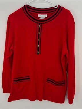 C.D. Petites Red Knit Long-Sleeve Camisole with Contrast Trim